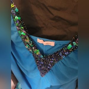 Women's Julia Blue Spaghetti Strap Top with iridescent sequins.